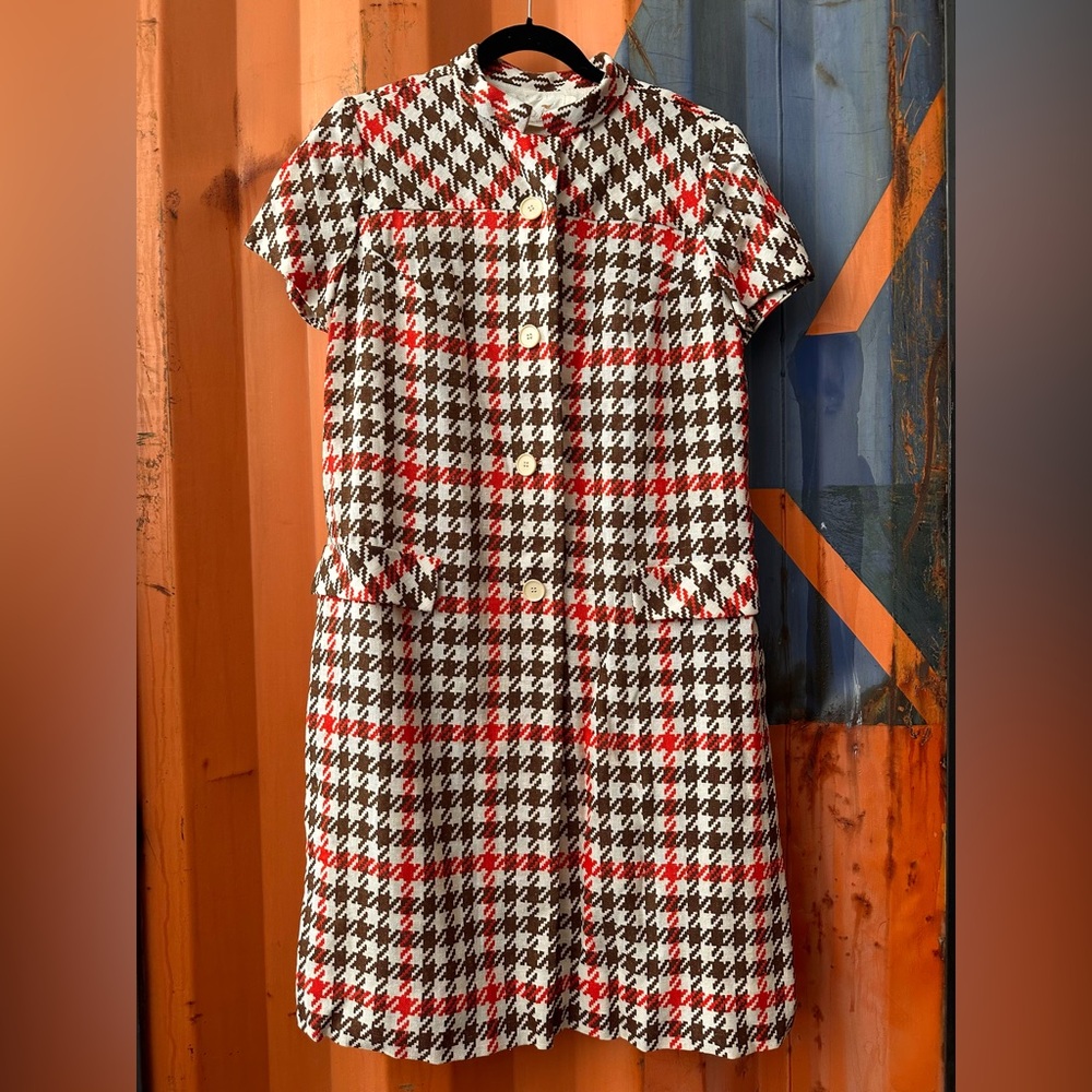 Pristine 1960s Vintage Mod Houndstooth Leslie Fay Dress Size 14